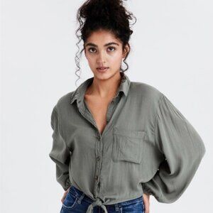 AMERICAN EAGLE Olive Green Tie-Front Button-Up Collared Shirt Blouse, Medium